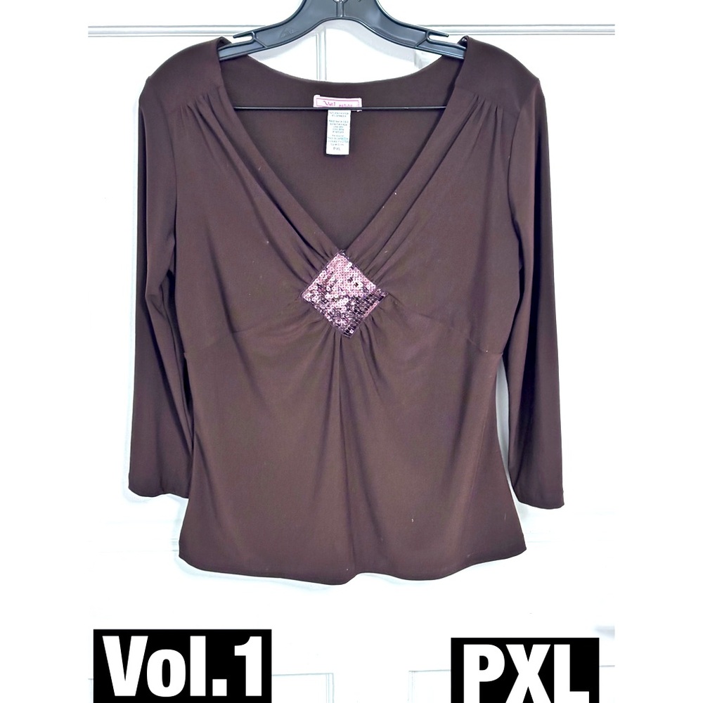 Vol.1 Brown V Neck with large Sequined Decoration Under the V Sz PXl Vintage